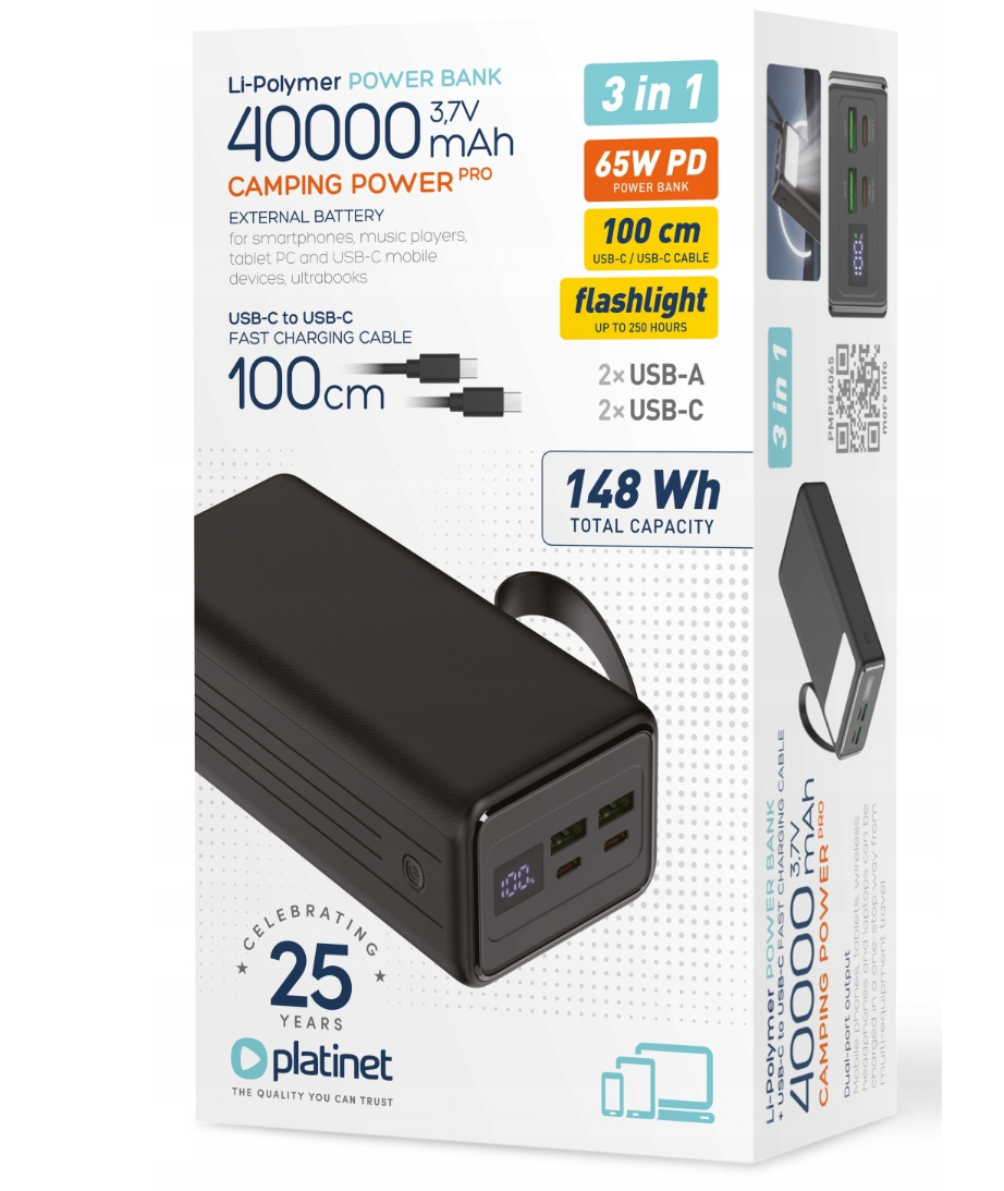 POWER BANK SZYBKI MOCNY AKUMULATOR 2x USB 2x USB-C 40000mAh QC 3.0 moc 65W