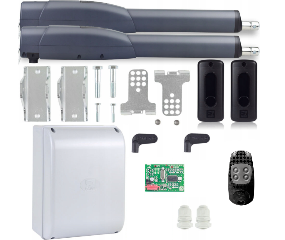 ATS SAFE Zestaw z siłownikami ATS w składzie: Siłowniki ATS30DGS 24V; Centrala ZL65; Fotka DIR10 x1; Karta AF43S x1; Piloty AT04EV, Fotokomórki DIR10, CAME